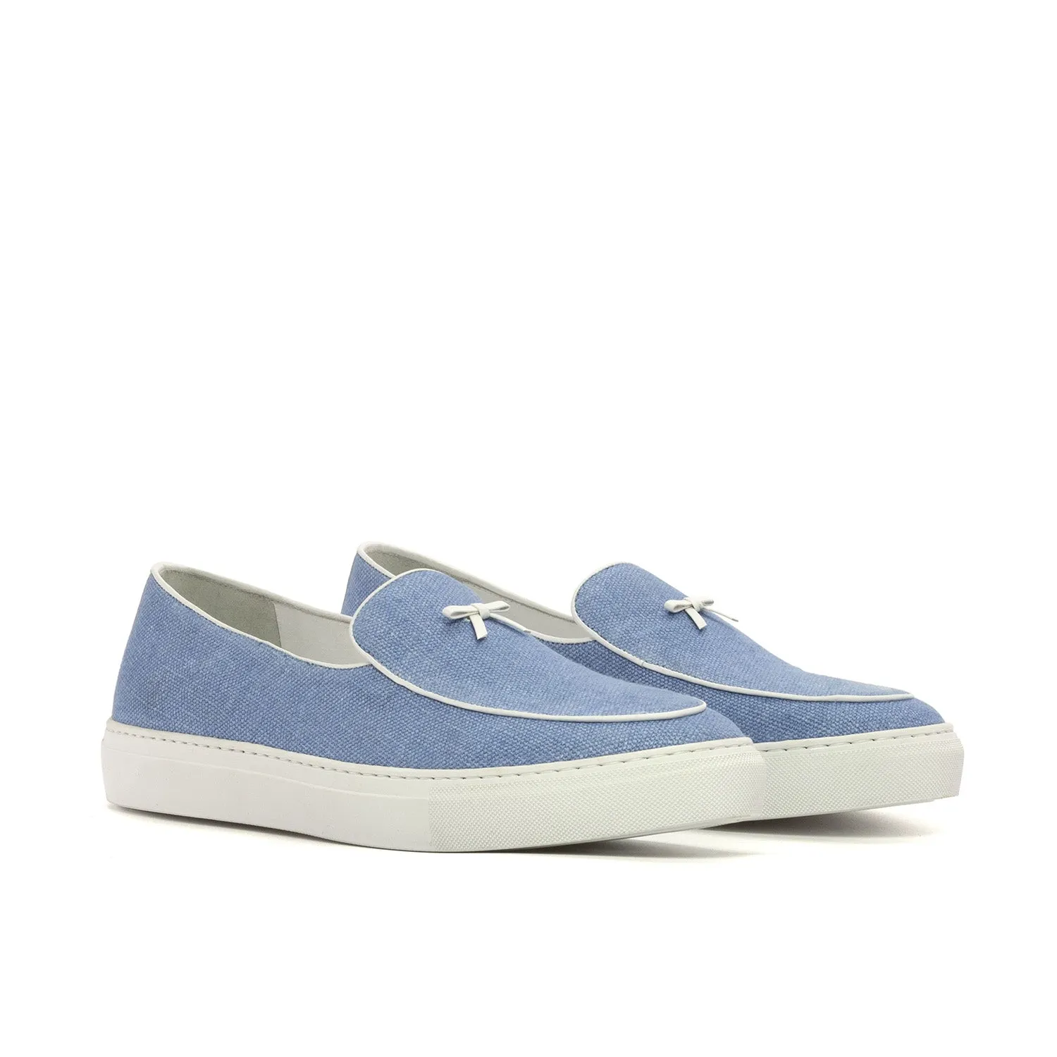 Ambrogio Bespoke Men's Shoes Blue Linen Fabric Slip-On Belgian Sneakers (AMB2551)