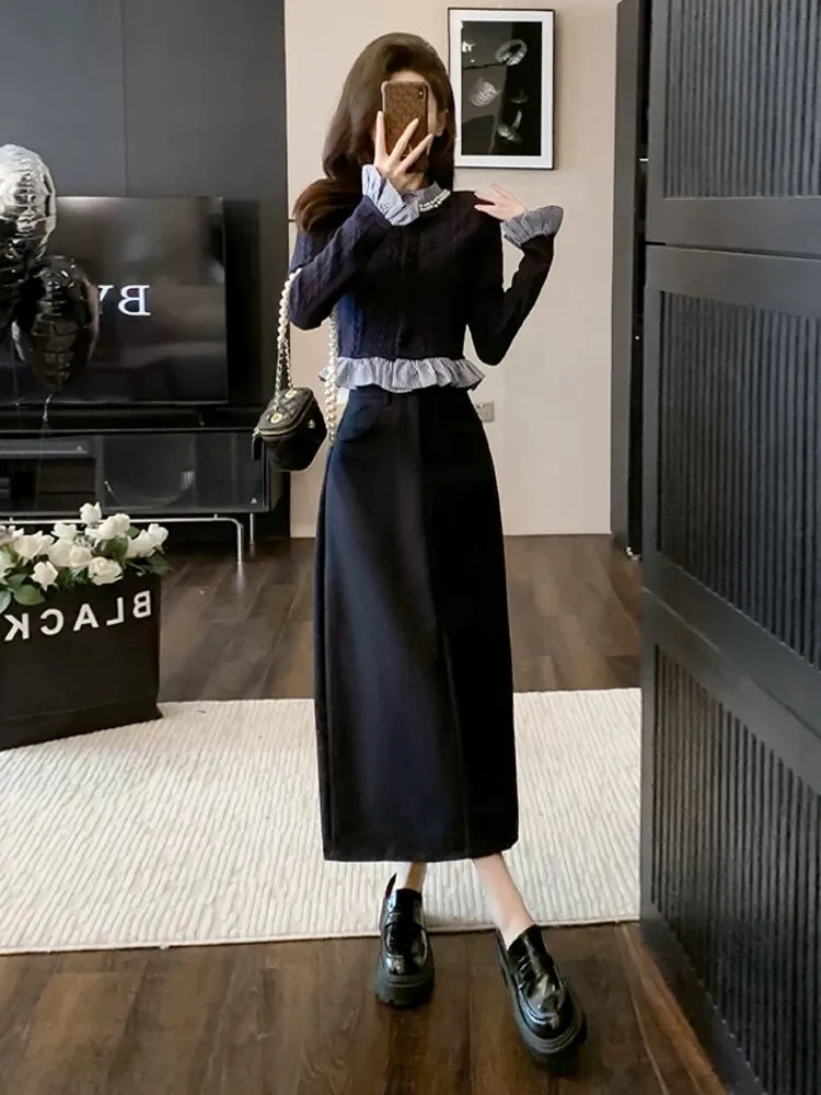 Autumn wear a complete set of fashionable Korean high-end casual knitted tops and skirts two-piece suits for women