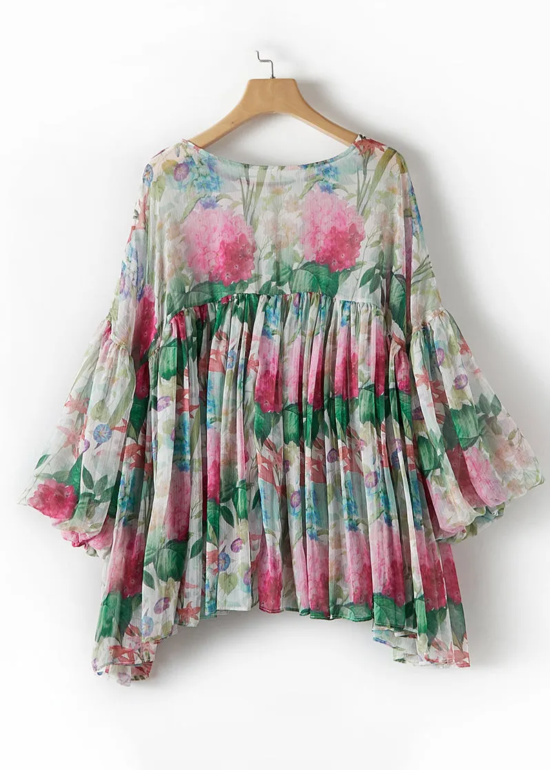 Beautiful Multicolor O-Neck Print Patchwork Silk Tops Summer