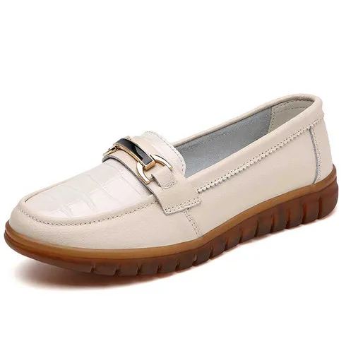 Beige croc skin pattern metal buckle penny slip on shoe loafer