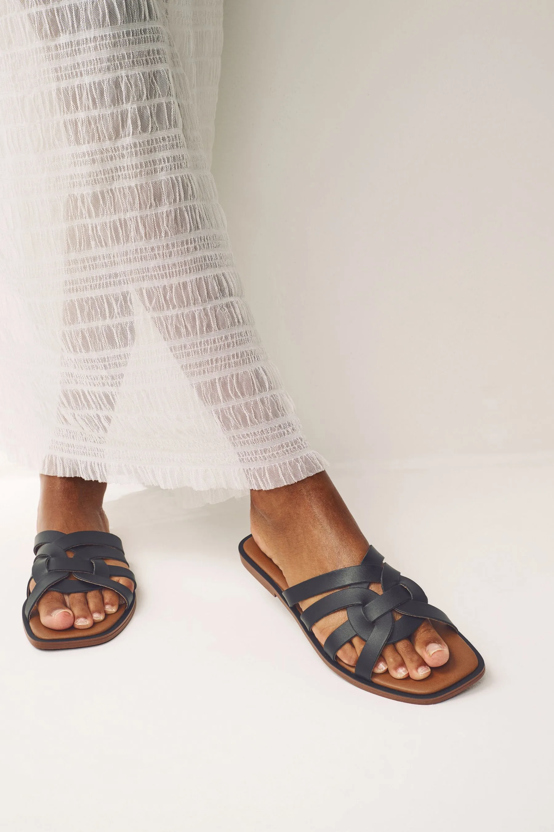 Black Regular/Wide Fit Forever Comfort® Leather Lattice Mules Sandals