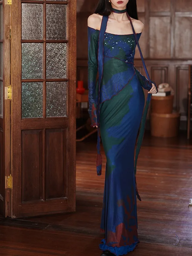 Chinese Style Printed Mesh Slim Long Dress