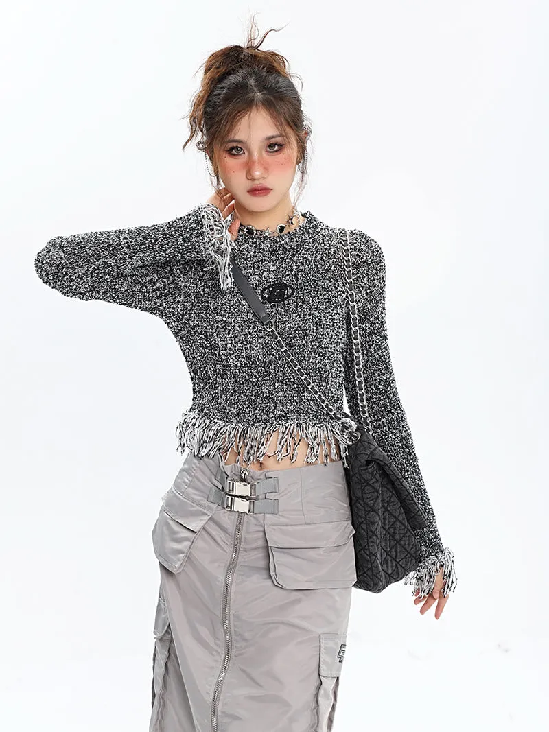 G TV Static Long Sleeve Knitted Cropped Tassel Top