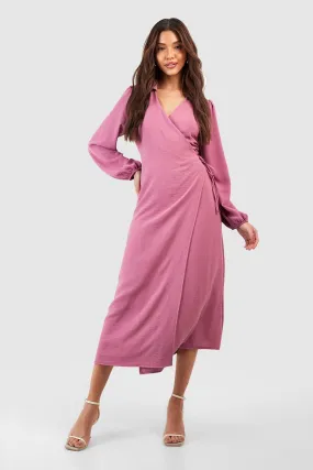 Hammered Puff Sleeve Wrap Front Shirt Dress