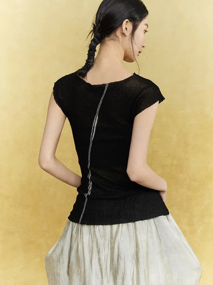 Mellow Sheer Thin French-Sleeve Mesh Chic Cutsew