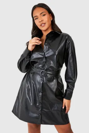 Plus Pu Tie Belt Shirt Dress