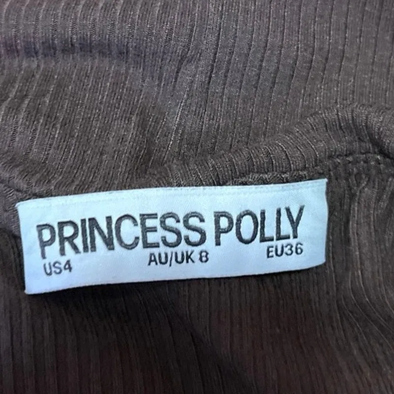 Princess Polly Brown Ribbed Button Off Shoulder Long Sleeve Crop Top Blouse Sz 4