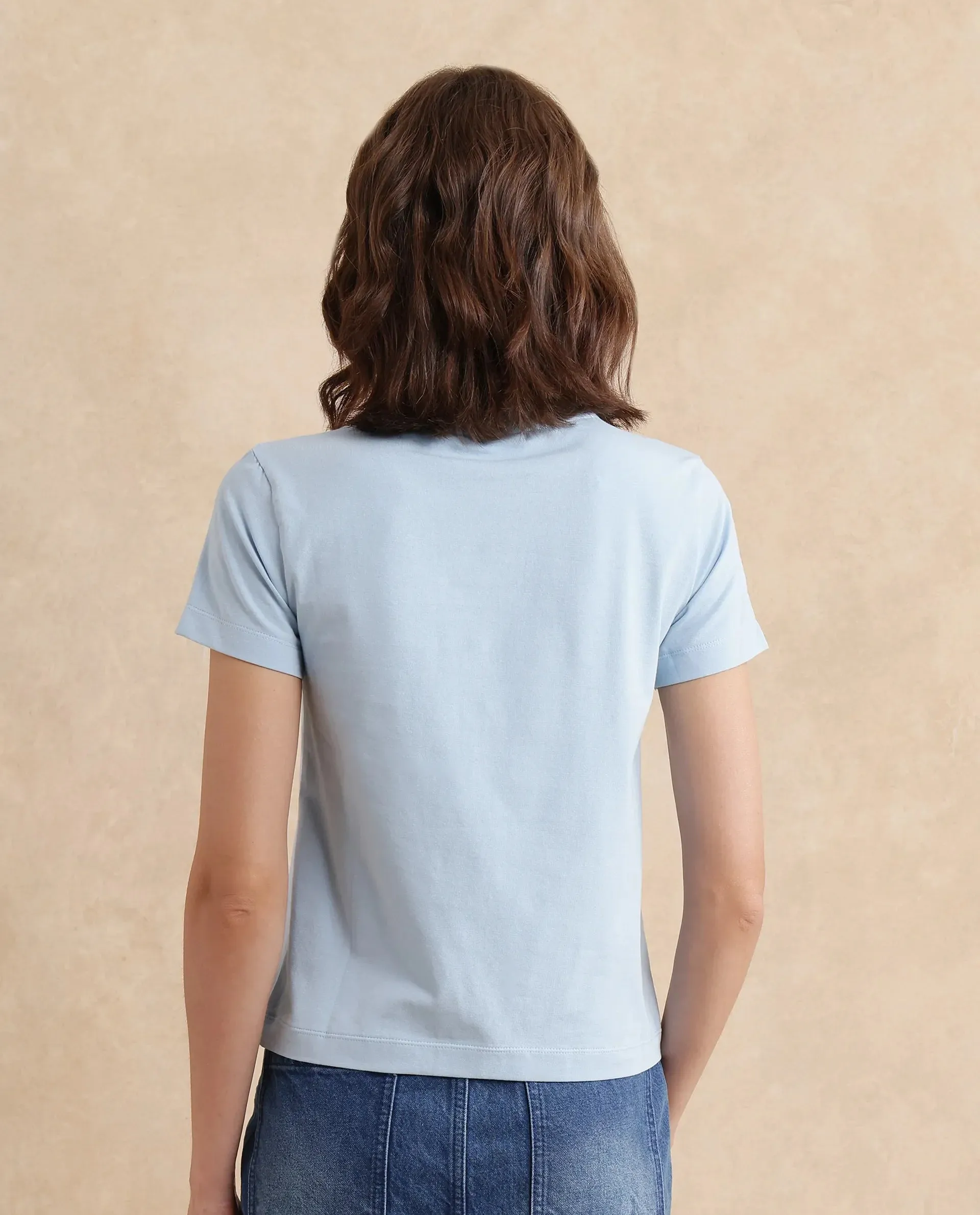 Rareism Women Detti Light Blue Cotton Blend Fabric Short Sleeve Crew Neck Graphic Print T-Shirt