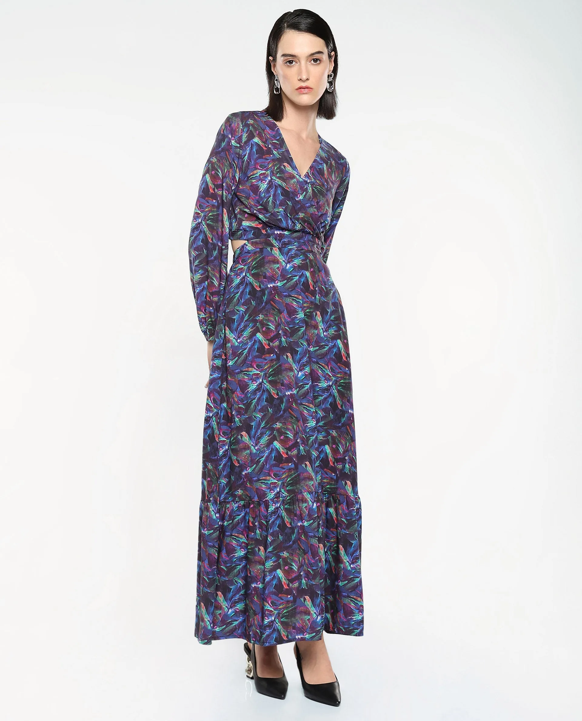 Rareism Women Seppo Dark Multi Viscose Fabric Bishop Sleeves Over Lap Neck Fit And Flare Maxi Abstract Print Dress