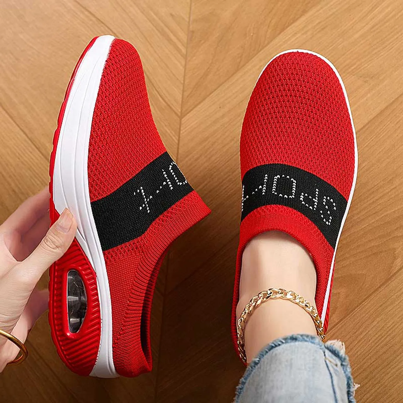 Red flyknit sport pattern slip on rocker bottom shoe mule