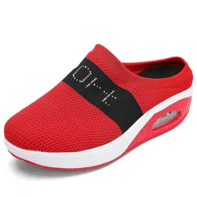 Red flyknit sport pattern slip on rocker bottom shoe mule