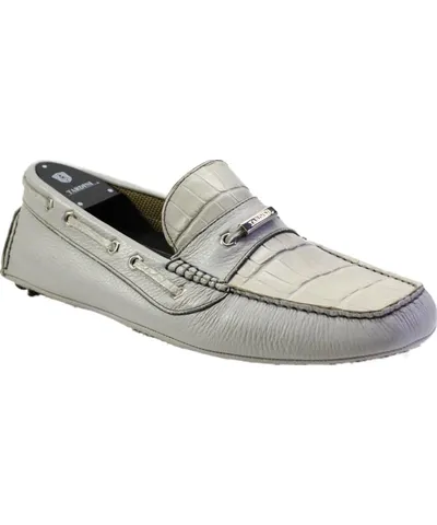 Tardini Mens Italian Leather Alligator Skin Slip On Driver Moccasins Gray